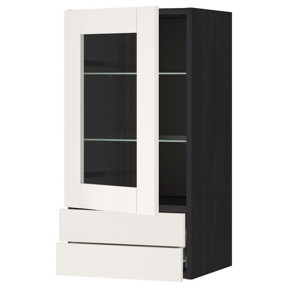 Навесной шкаф, стеклянная дверца, 2 ящика МЕТОД / ФОРВАРА, черный, Сэведаль белый - схема-чертеж с размерами