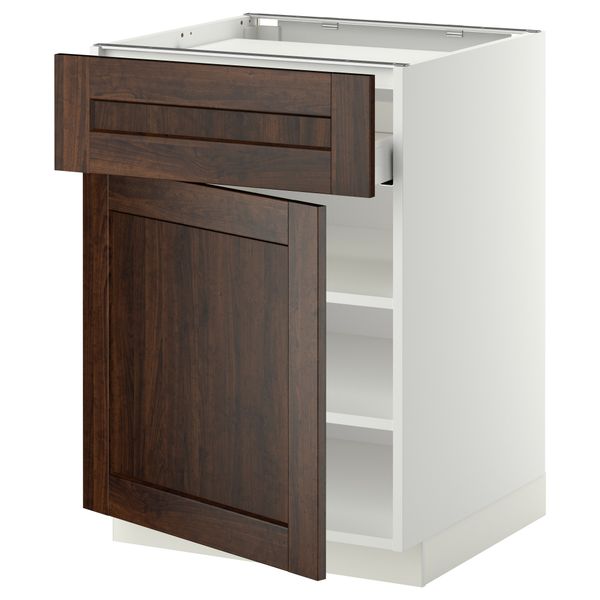 Напольный шкаф для варочной панели, ящик, полка, дверцы МЕТОД / МАКСИМЕРА, белый, Эдсерум коричневый (60x60 см) - фото 1