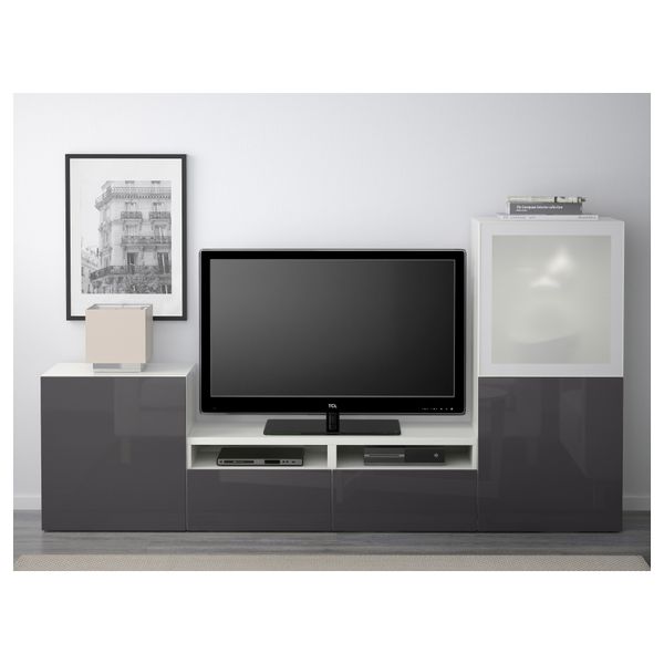 Шкаф для ТВ, комбинированный, стекляные дверцы БЕСТО, белый, Сельсвикен глянцевый/серый матовое стекло (240x40x128 см) - фото 2