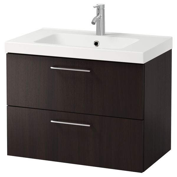 Шкаф для раковины с 2 ящиками ГОДМОРГОН / ОДЕНСВИК, черно-коричневый (80x49x64 см) - фото 1