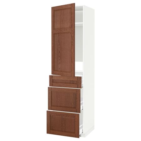 Высокий шкаф для холодильника, с дверцами, 3 ящика МЕТОД / МАКСИМЕРА, белый, Филипстад коричневый (60x60x220 см)