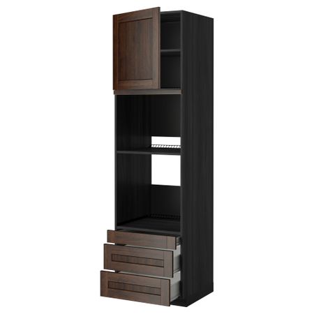 Высокий шкаф для духовки комбинированный, духовка + дверца, 3 ящика МЕТОД / ФОРВАРА, черный, Эдсерум коричневый
