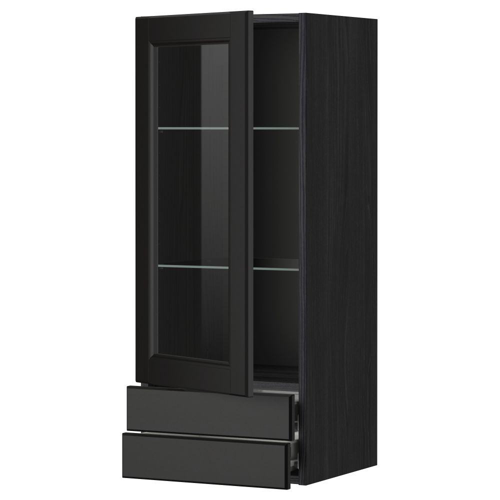 Навесной шкаф, стеклянная дверца, 2 ящика МЕТОД / ФОРВАРА, черный, Лаксарби черно-коричневый - фото 1