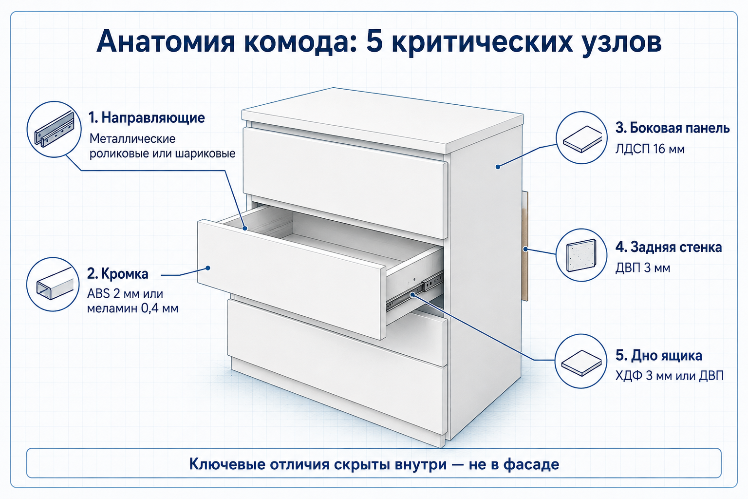 Схема-разрез комода с аннотациями 5 узлов, определяющих долговечность