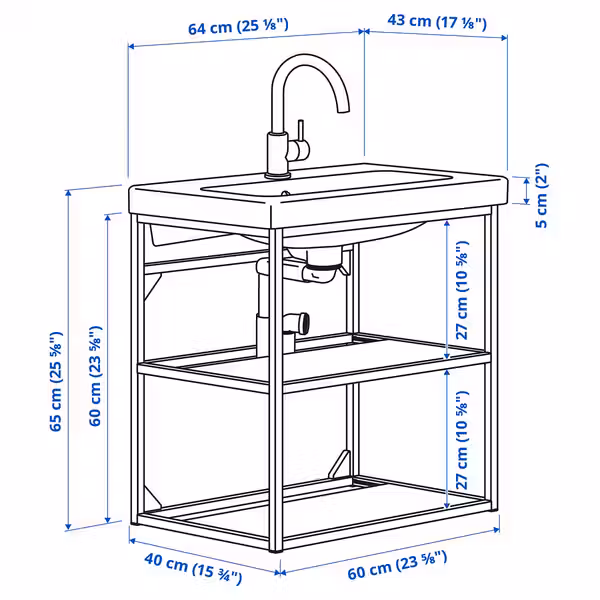 ENHET / TVÄLLEN Открытый шкаф под раковину/2 полки - антрацит 64x43x65 см - схема-чертеж с размерами