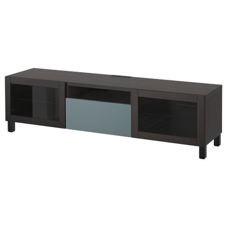 Тумба под ТВ БЕСТО, черно-коричневый, Вальвикен серо-бирюзовый, прозрачное стекло (180x40x48 см)