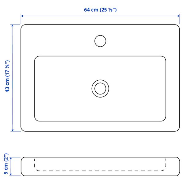 Одинарная раковина 64x43x5 см IKEA TVÄLLEN ТВЭЛЛЕН 904.938.37 - схема-чертеж с размерами