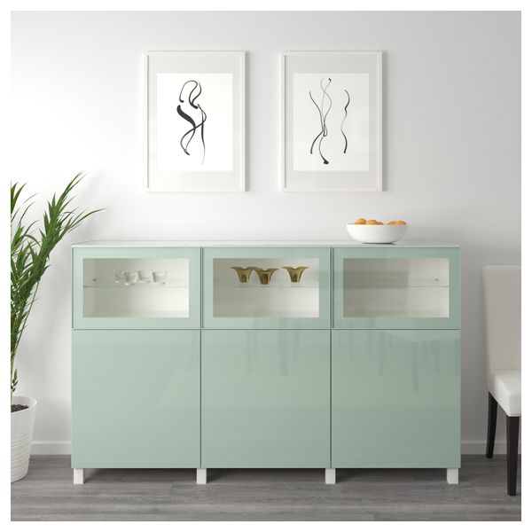 Комбинация для хранения с дверцами БЕСТО, белый Сельсвикен, глянцевый/серо-зеленый светлый прозрачное стекло (180x40x112 см) - схема-чертеж с размерами