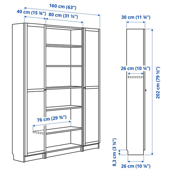 Стеллаж комбинация, стекло дверцы, белый, 160x202 см IKEA BILLY БИЛЛИ, OXBERG ОКСБЕРГ 194.836.06 - схема-чертеж с размерами