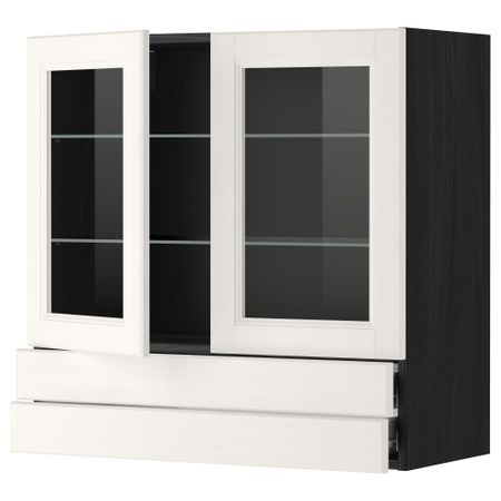 Навесной шкаф, 2 стеклянные дверцы, 2 ящика МЕТОД / ФОРВАРА, черный, Лаксарби белый