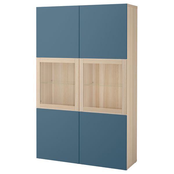 Комбинация для хранения со стеклянными дверцами БЕСТО, под беленый дуб Вальвикен, темно-синий прозрачное стекло (120x40x192 см) - фото 1