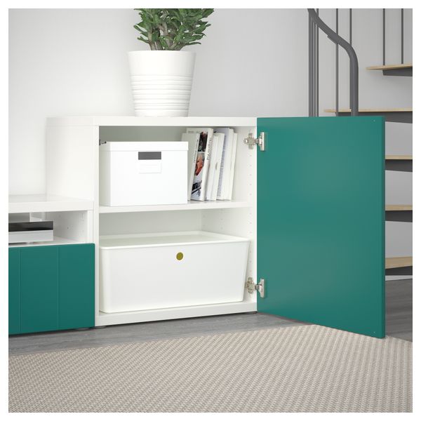 Шкаф для ТВ, комбинированный, стекляные дверцы БЕСТО, белый Халлставик, сине-зеленый прозрачное стекло (300x20/40x211 см) - фото 3