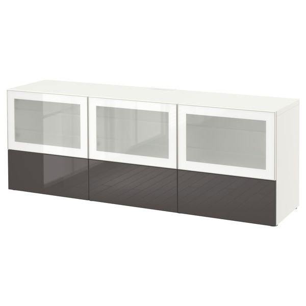 Тумба под ТВ, с дверцами и ящиками БЕСТО, белый, Сельсвикен глянцевый/серый матовое стекло (180x40x64 см) - фото 1