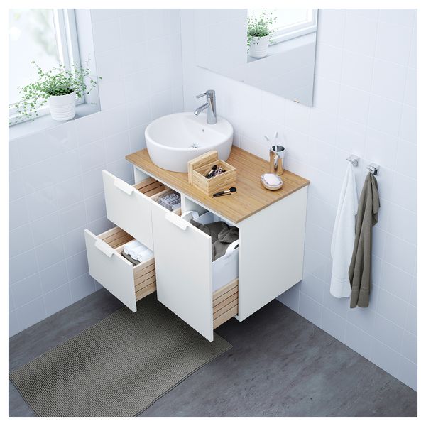 Шкаф с раковиной 45 см ГОДМОРГОН/ТОЛКЕН / ТОРНВИКЕН, белый, бамбук (82x49x74 см) - схема-чертеж с размерами