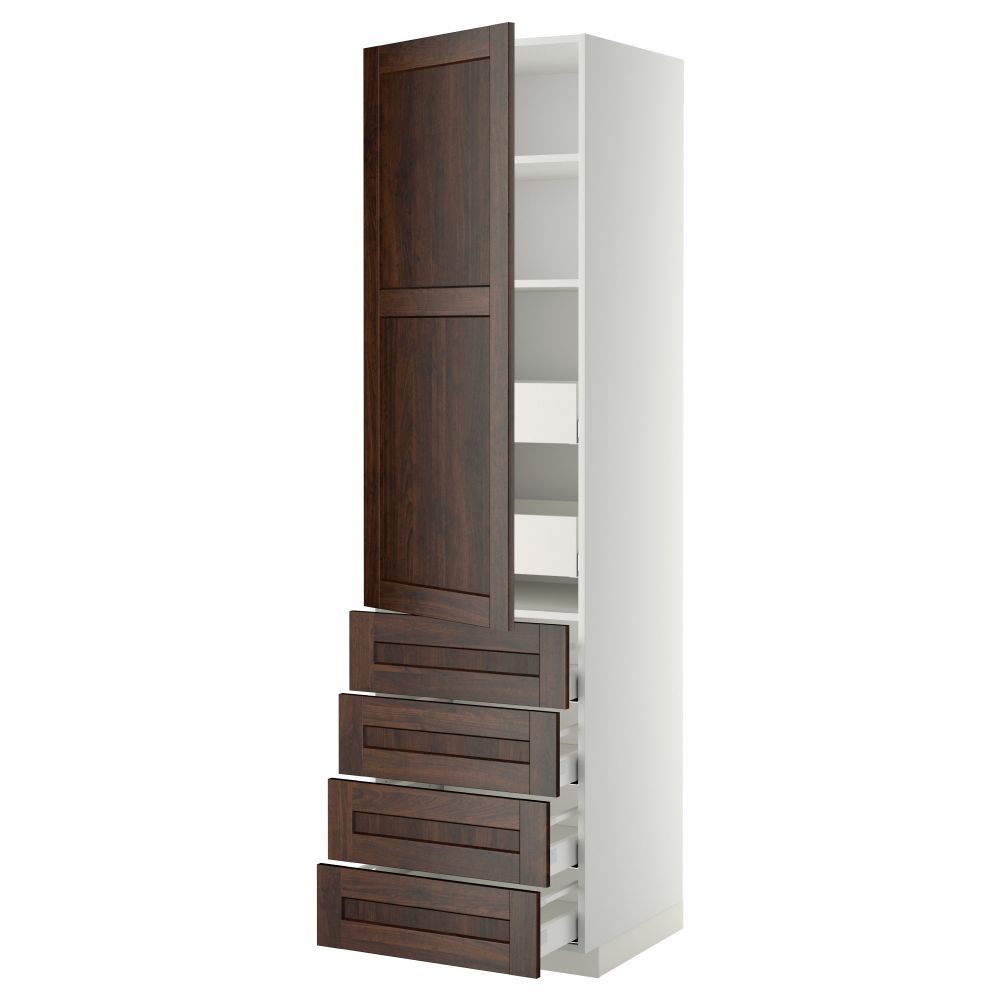 Высокий шкаф с полками/6 ящик, дверцами, 4 фронтальные панели МЕТОД / МАКСИМЕРА, белый, Эдсерум коричневый - фото 1