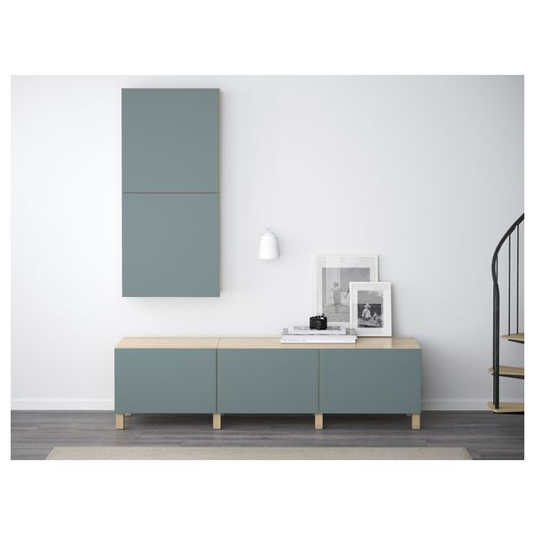 Навесной шкаф с 2 дверями БЕСТО, под беленый дуб, Вальвикен серо-бирюзовый (60x20x128 см) - фото 2