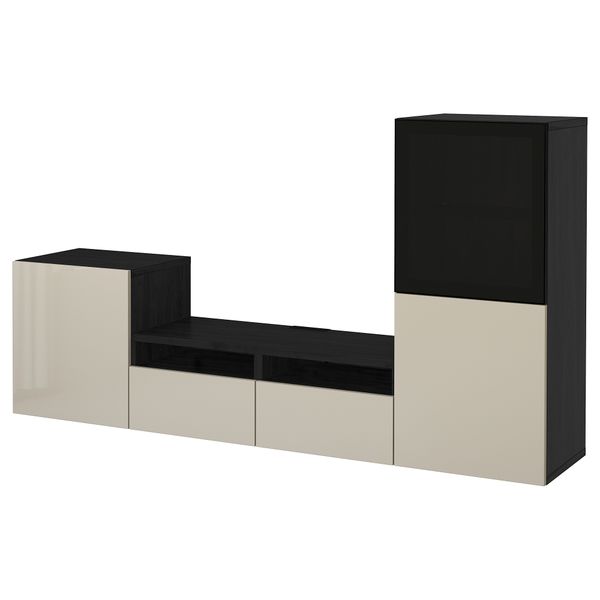 Шкаф для ТВ, комбинированный, стекляные дверцы, 240x40x128 см, черно-коричневый, Selsviken глянцевый, бежевый, дымчатое стекло - фото 2