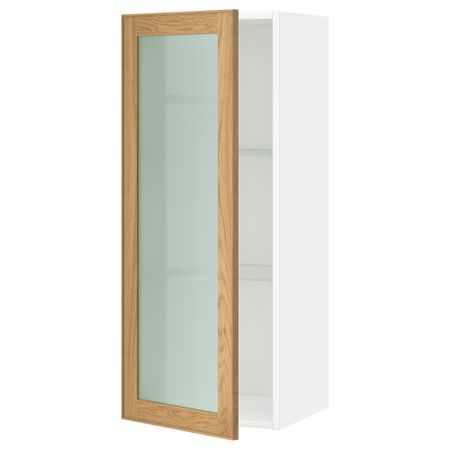 Навесной шкаф с полками, стекляными дверцы МЕТОД, белый, Экестад дуб