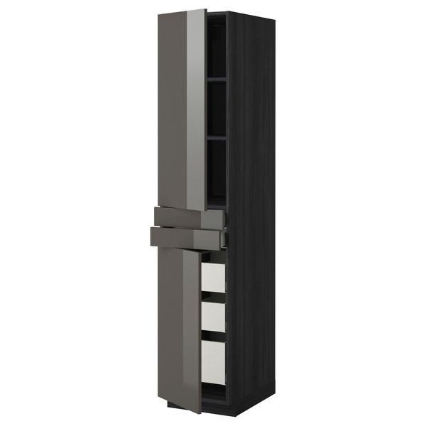 Высокий шкаф + полки, 5 ящиков, 2 дверцы, 2 фронтальных МЕТОД / МАКСИМЕРА, черный, Рингульт серый - фото 1
