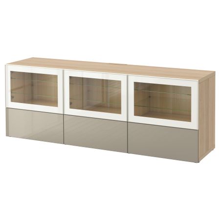 Тумба под ТВ, с дверцами и ящиками БЕСТО, под беленый дуб, Сельсвикен глянцевый/бежевый прозрачное стекло (180x40x64 см)