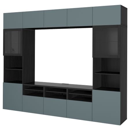 Шкаф для ТВ, комбинированный, стекляные дверцы БЕСТО, черно-коричневый, Вальвикен серо-бирюзовый, прозрачное стекло (300x40x230