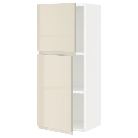 Навесной шкаф с полками, 2 дверцы МЕТОД, белый, Воксторп глянцевый светло-бежевый