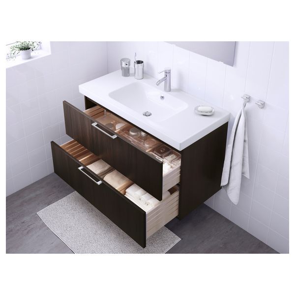 Шкаф для раковины с 2 ящиками ГОДМОРГОН / ОДЕНСВИК, черно-коричневый (100x49x64 см) - фото 3