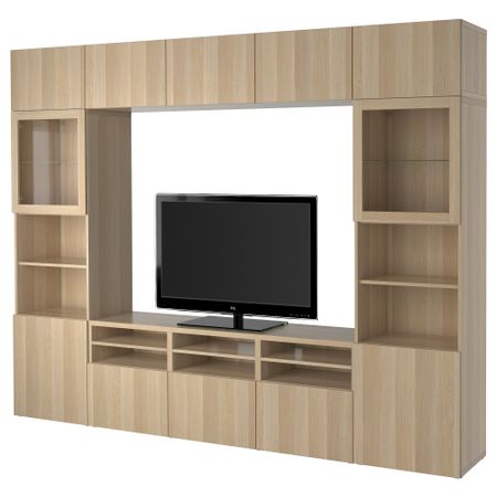 Шкаф для ТВ, комбинированный, стекляные дверцы БЕСТО, Лаппвикен, Синдвик под беленый дуб, прозрачное стелко (300x40x230 см)