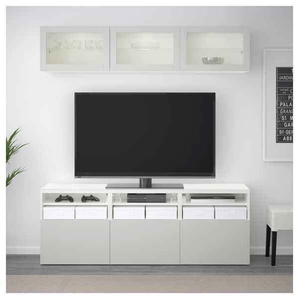 Шкаф для ТВ, комбинированный, стекляные дверцы БЕСТО, белый Лаппвикен, Синдвик светло-серый прозрачное стекло (180x40x192 см) - фото 2