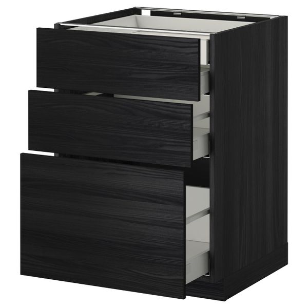 Напольный шкаф 3 фронтальные панели, 2 низких, 1 средний, 1 встроенный ящ, черный, Тингсрид черный 60x60 см IKEA МЕТОД / - фото 1