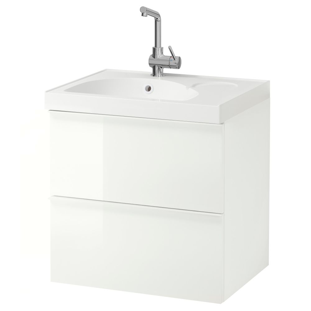 Шкаф для раковины с 2 ящиками ГОДМОРГОН / ЭДЕБОВИКЕН, глянцевый белый (60x49x64 см) - фото 1