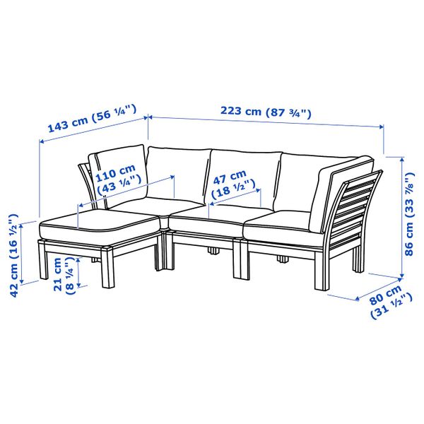 3-местный модульный диван, садовый, с табуретом для ног коричневая морилка/ЙЭРПОН/дувхольмен антрацит 143/223x80x86 см IKEA - схема-чертеж с размерами