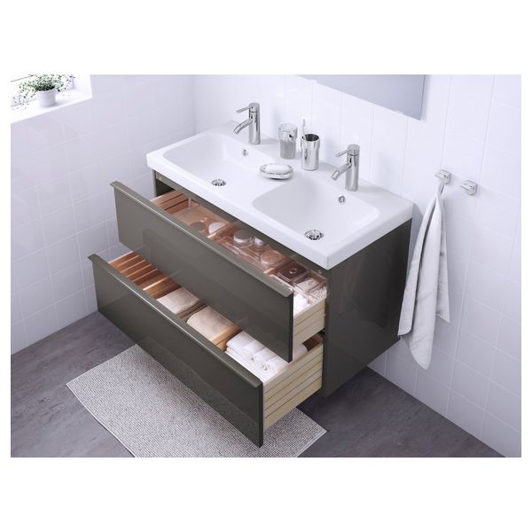 Шкаф для раковины с 2 ящиками ГОДМОРГОН / ОДЕНСВИК, глянцевый серый (100x49x64 см) - фото 3