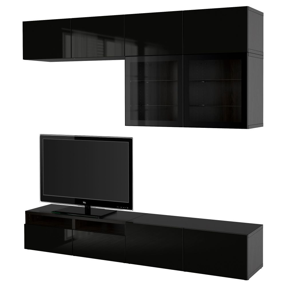 Шкаф для ТВ, комбинированный, стекляные дверцы БЕСТО, черно-коричневый, Сельсвикен глянцевый/черный прозрачное стекло - фото 1