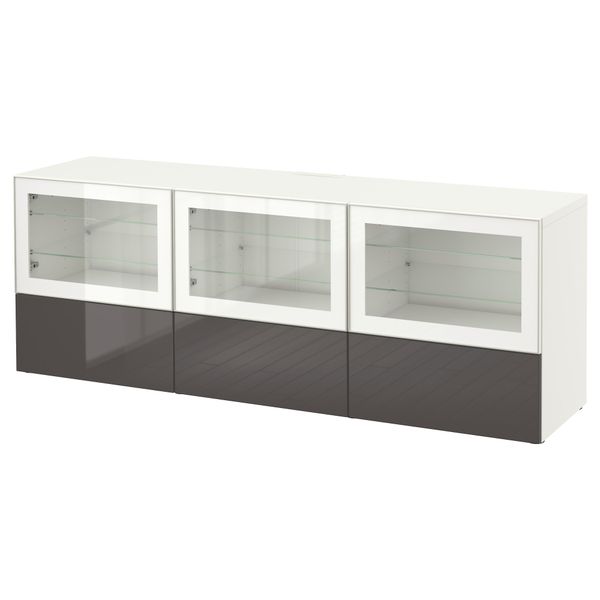Тумба под ТВ, с дверцами и ящиками БЕСТО, белый, Сельсвикен глянцевый/серый прозрачное стекло (180x40x64 см) - фото 1