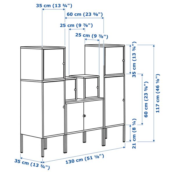 Комбинация для хранения ЛИКСГУЛЬТ, бел/зелен/син/желтый, красный/оранжевый/серый (130x117 см) - схема-чертеж с размерами