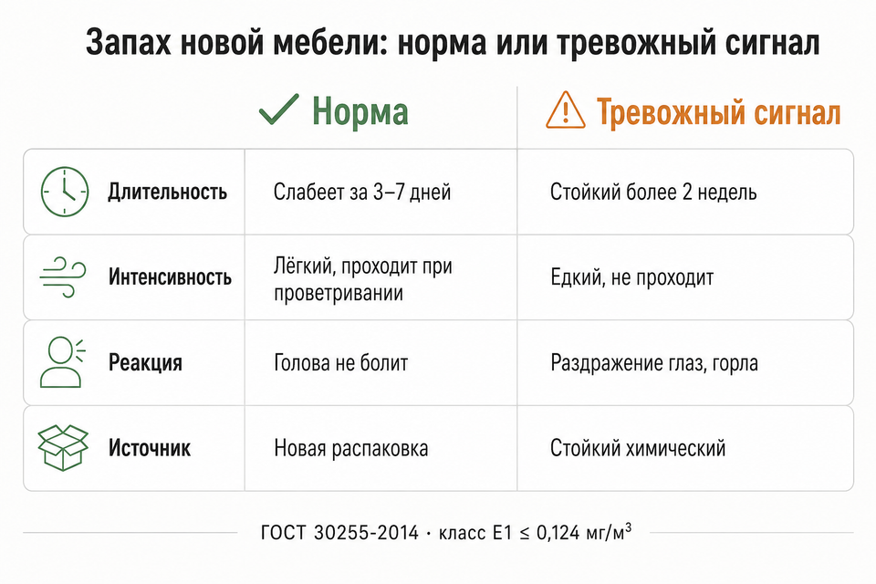 Инфографика сравнения нормы и тревожного сигнала запаха новой мебели по четырём критериям оценки