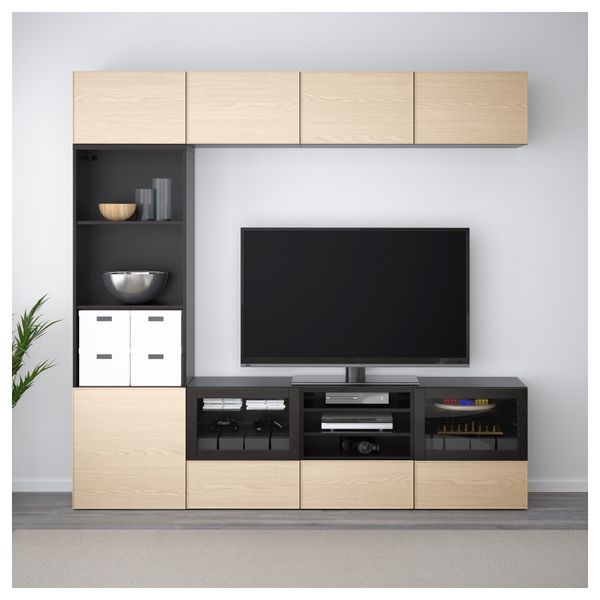 Шкаф для ТВ, комбинированный, стекляные дверцы БЕСТО, черно-коричневый Инвикен, ясеневый шпон прозрачное стекло (240x40x230 см) - фото 2