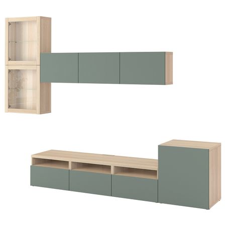 Шкаф для ТВ, комбинированный, стекляные дверцы, под беленый дуб, Нотвикен серо-зеленый прозрачное стекло, 300x42x211 см IKEA