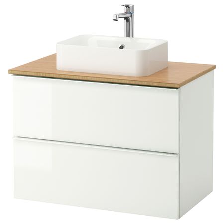 Шкаф со столешницей 45x32 раковина ГОДМОРГОН/ТОЛКЕН / ХОРВИК, глянцевый белый, бамбук (82x49x72 см)