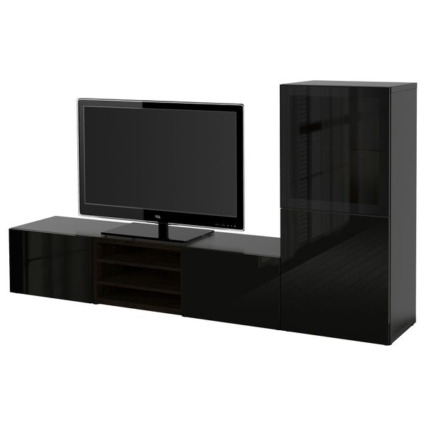 Шкаф для ТВ, комбинированный, стекляные дверцы БЕСТО, черно-коричневый, Сельсвикен глянцевый/черный прозрачное стекло - фото 1