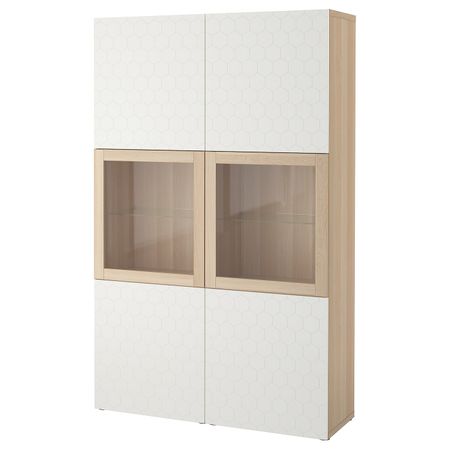 Комбинация для хранения + стеклянная дверц, под беленый дуб/вассвикен белый прозрачное стекло 120x40x192 см IKEA БЕСТО