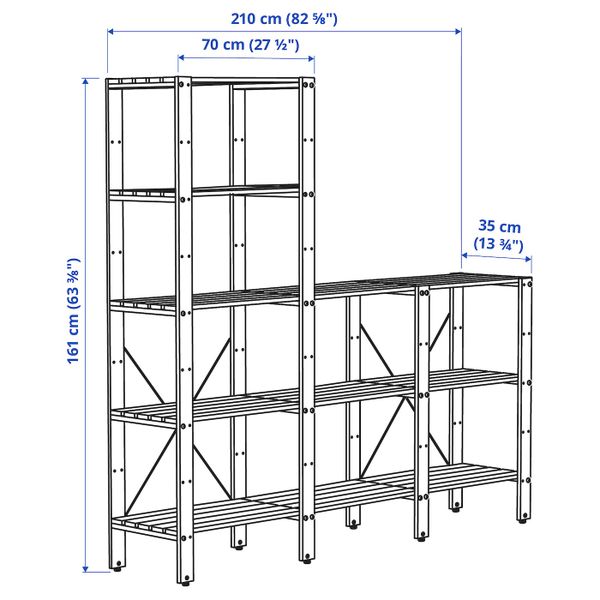 Стеллаж, для/сада, коричневая морилка 210x35x90-161 см IKEA TORDH ТУРД 793.164.93 - схема-чертеж с размерами