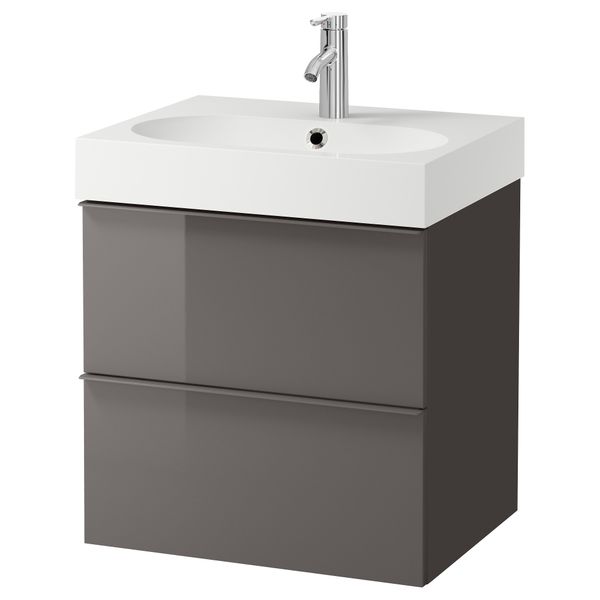 Шкаф для раковины с 2 ящиками ГОДМОРГОН / БРОВИКЕН, глянцевый серый (60x49x68 см) - фото 2
