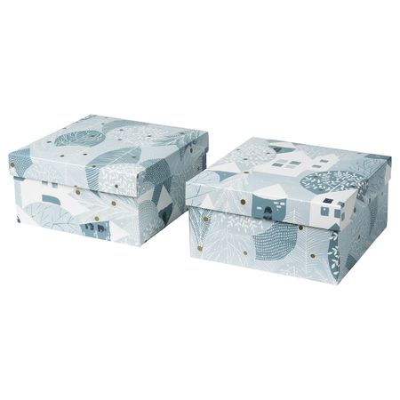 Подарочная коробка, орнамент «зимняя деревня» сине-серый 20x20x10 см IKEA VINTER 2020 ВИНТЕР 2020 004.742.25