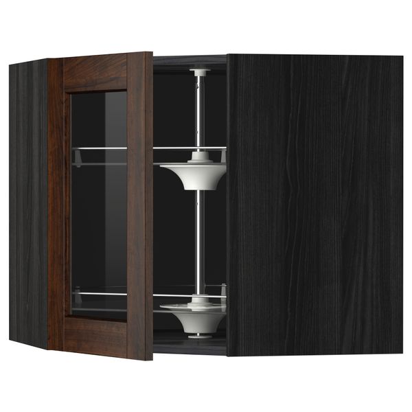Угловой навесной шкаф с вращающающейся секцией, стеклянными дверцами МЕТОД, черный, Эдсерум коричневый - схема-чертеж с размерами