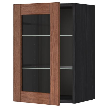 Навесной шкаф с полками, стекляными дверцы МЕТОД, черный, Филипстад коричневый