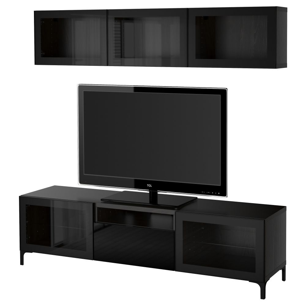 Шкаф для ТВ, комбинированный, стекляные дверцы БЕСТО, черно-коричневый, Сельсвикен глянцевый/черный прозрачное стекло - фото 1