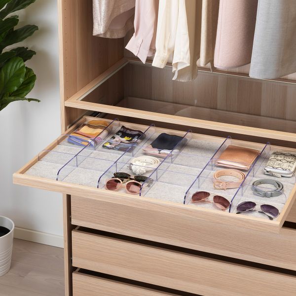 Выдвижная полка с разделителем, под беленый дуб, прозрачный 100x58 см IKEA КОМПЛИМЕНТ 992.429.86 - схема-чертеж с размерами