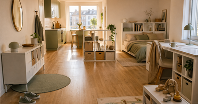 Пять DIY-переделок стеллажа KALLAX IKEA в разных комнатах: прихожая, кухня, спальня, офис, детская